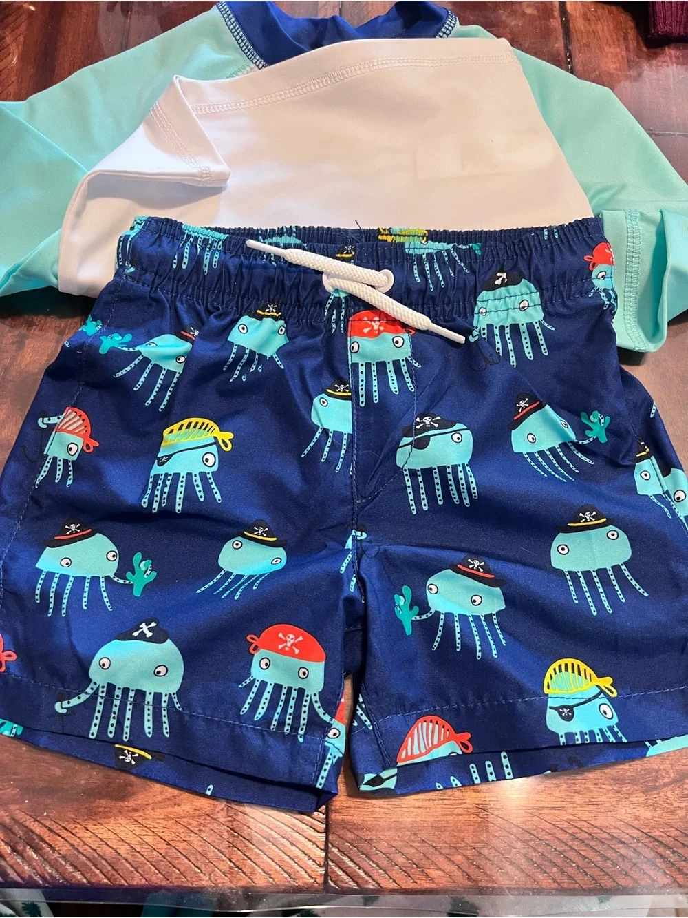 The Children's Place Boys Aqua Navy Pirate Octopus Swim Trunks & Rash Guard